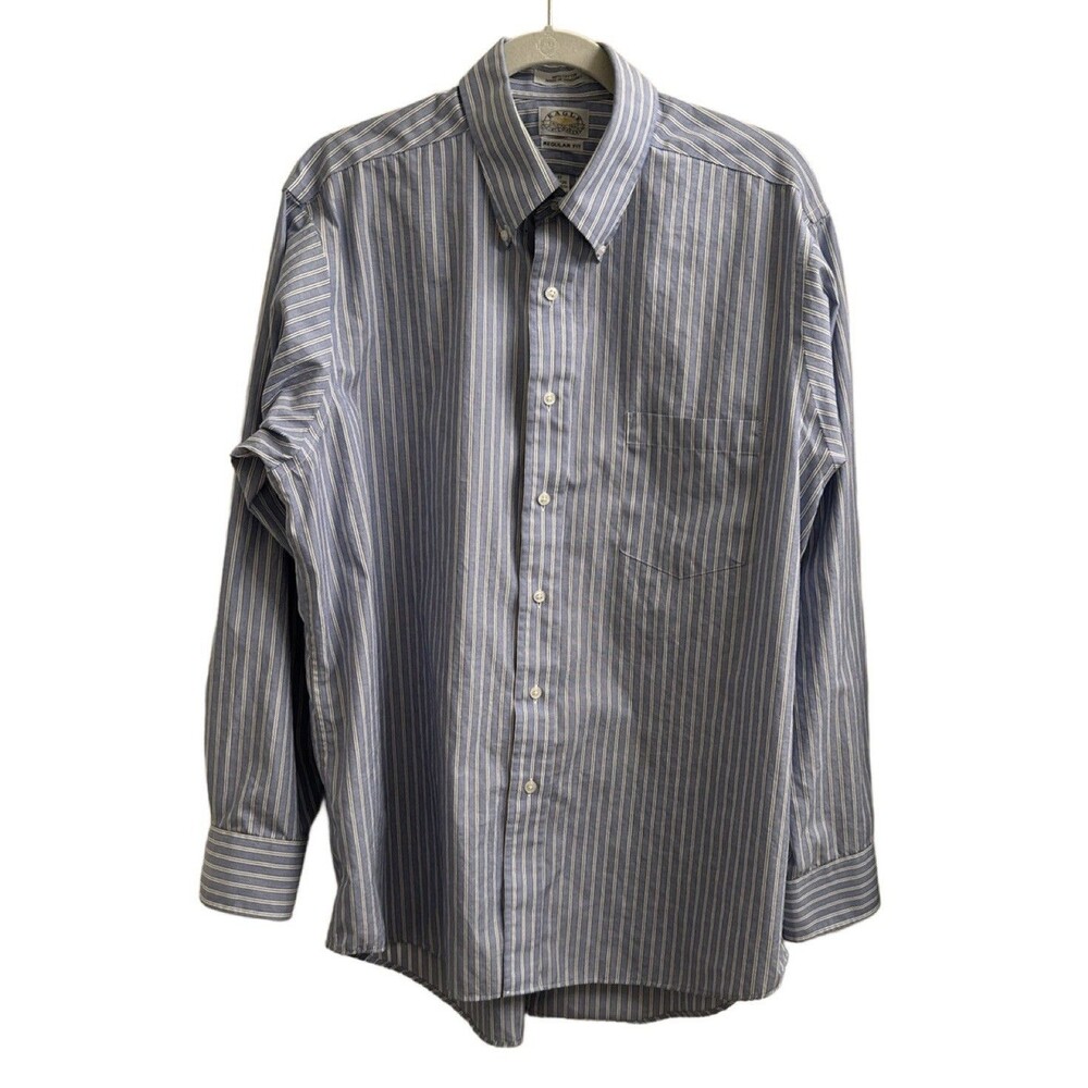 Eagle Shirtmakers White/Blue Striped Cotton Dress Shirt Size 17 34/35